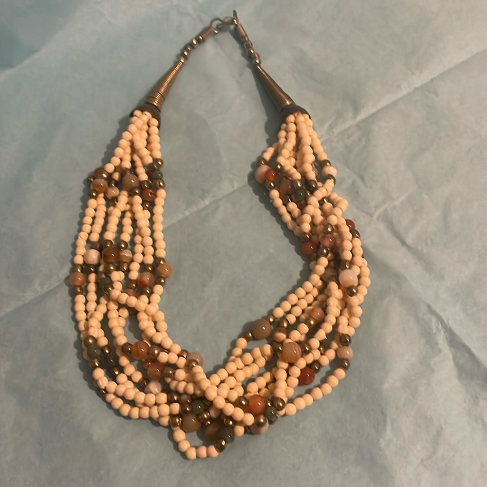 Multi strand beaded necklace. Sterling silver clasp/hook